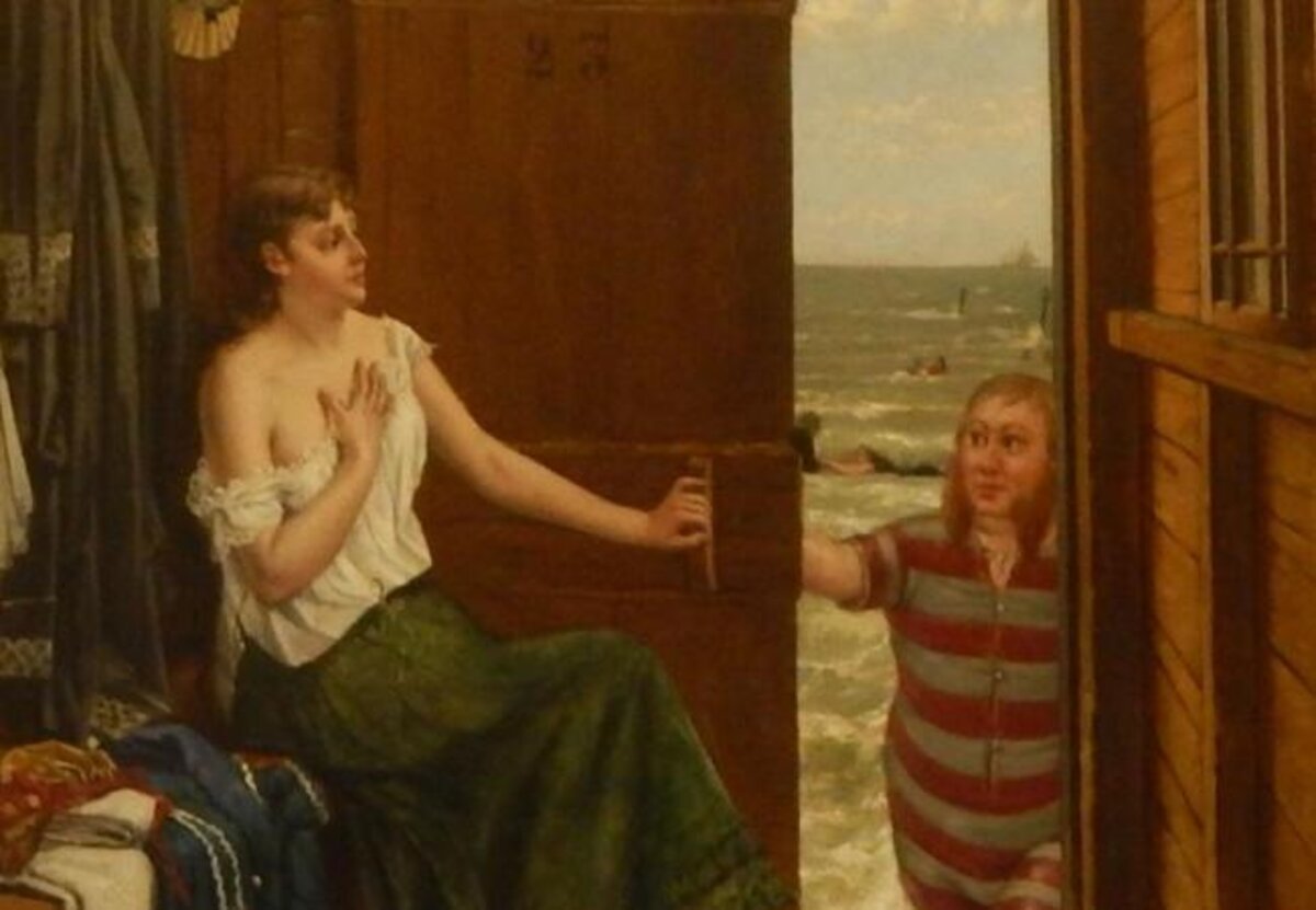 Kusthistories verwerft belangrijk 19de eeuws schilderij “Dame in badcabine, verrast door een mannelijke bezoeker”
