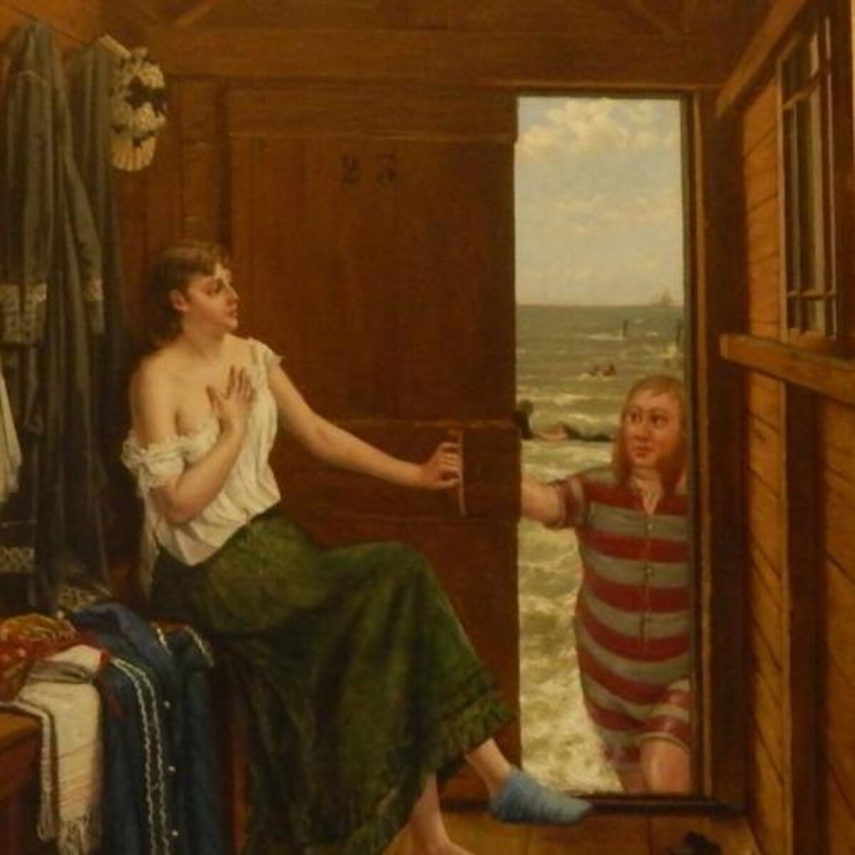 Kusthistories verwerft belangrijk 19de eeuws schilderij “Dame in badcabine, verrast door een mannelijke bezoeker”